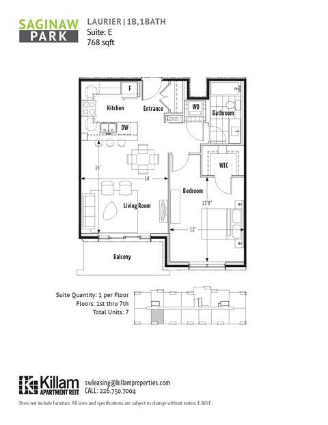 Floor plan for 1 bed, 1 bath, 768 sqft